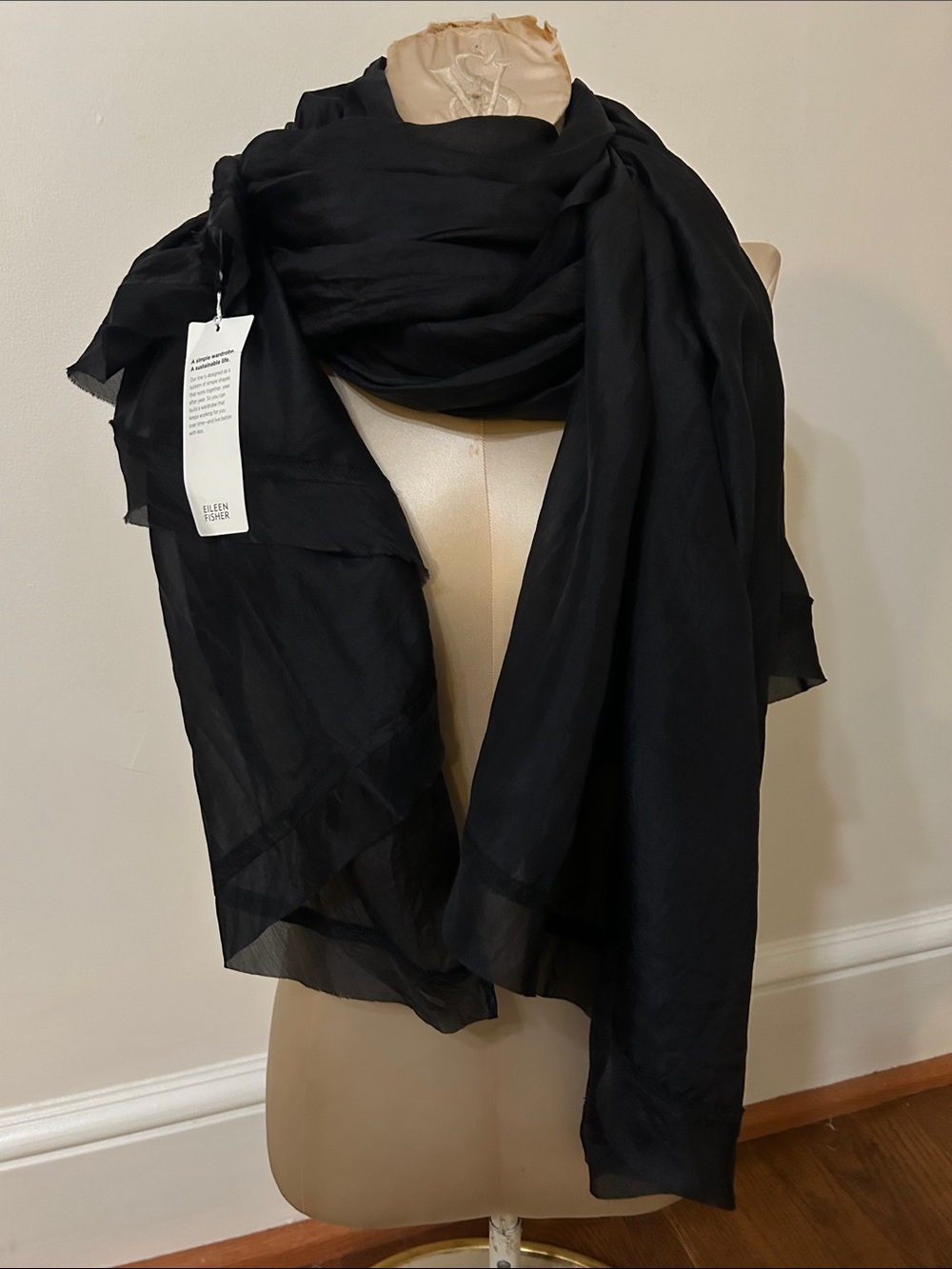 Eileen Fisher Washed Silk Parachute Scarf Black Lightweight Raw Hem Graceful